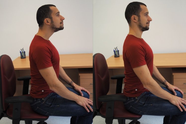 Pri cviku s bradou sú dôležité aj ruky. Položte ich na kolená. FOTO: preventivne.sk